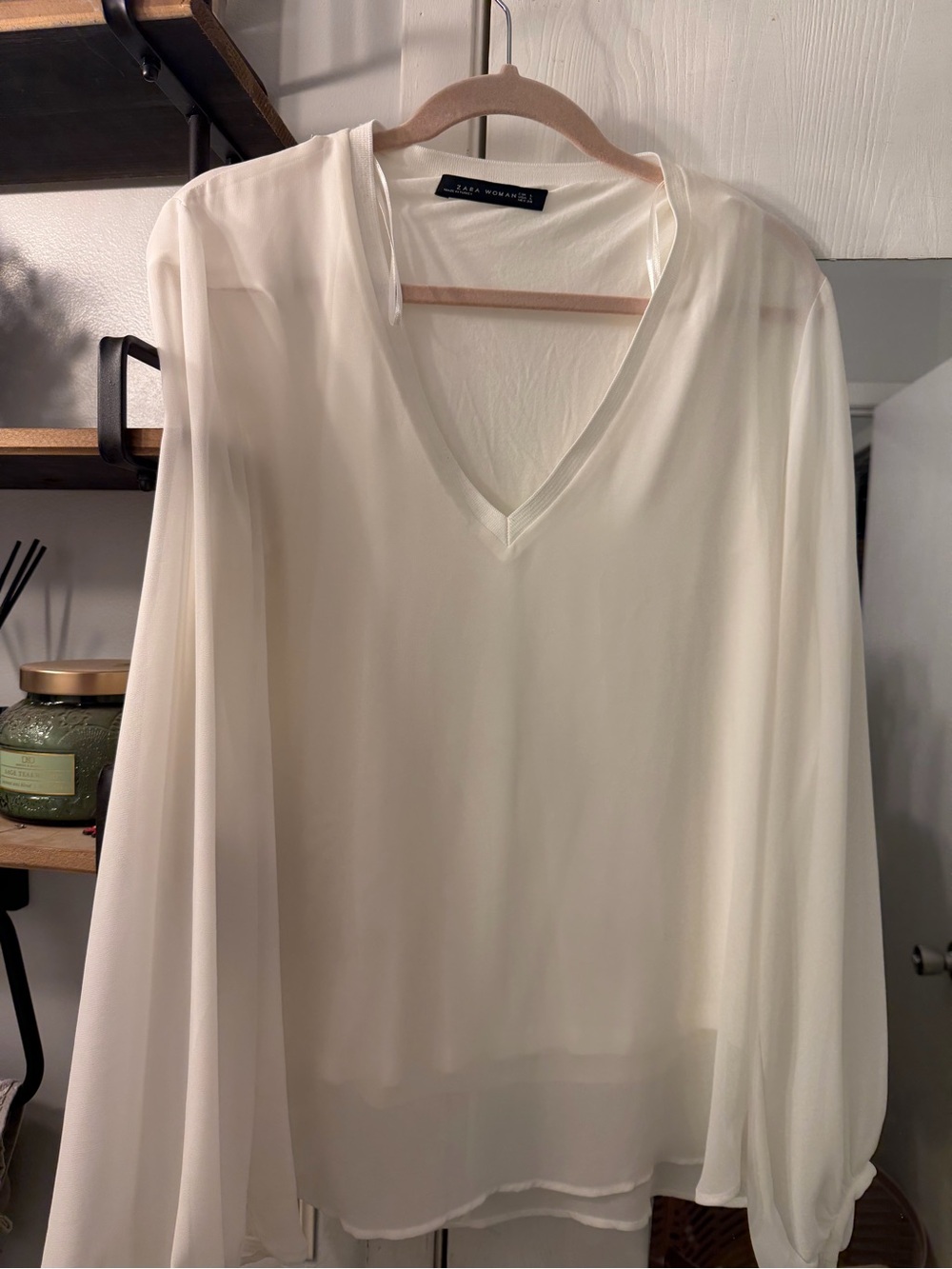 Zara White V-Neck Sheer Long Sleeve Blouse